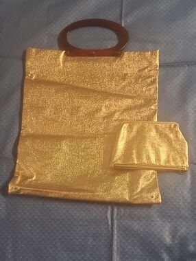 Metallic Gold Oval-Handle Tote with Matching Zip/click Pouch